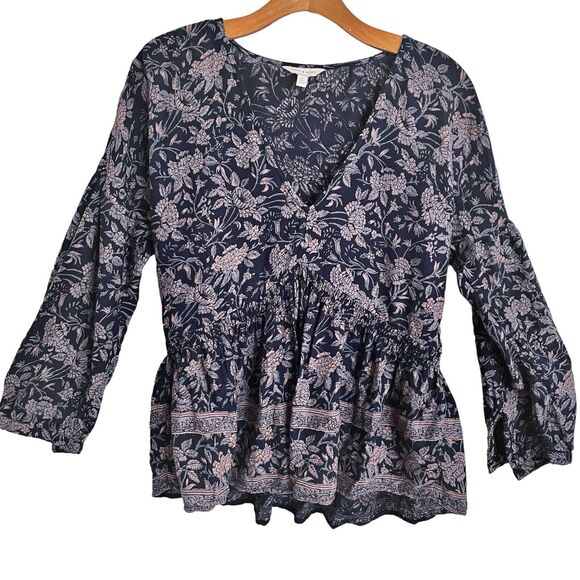 Lucky Brand Womens V-Neck Batik Floral Peplum Top Sz Small Stretch Dark Navy - Picture 6 of 12